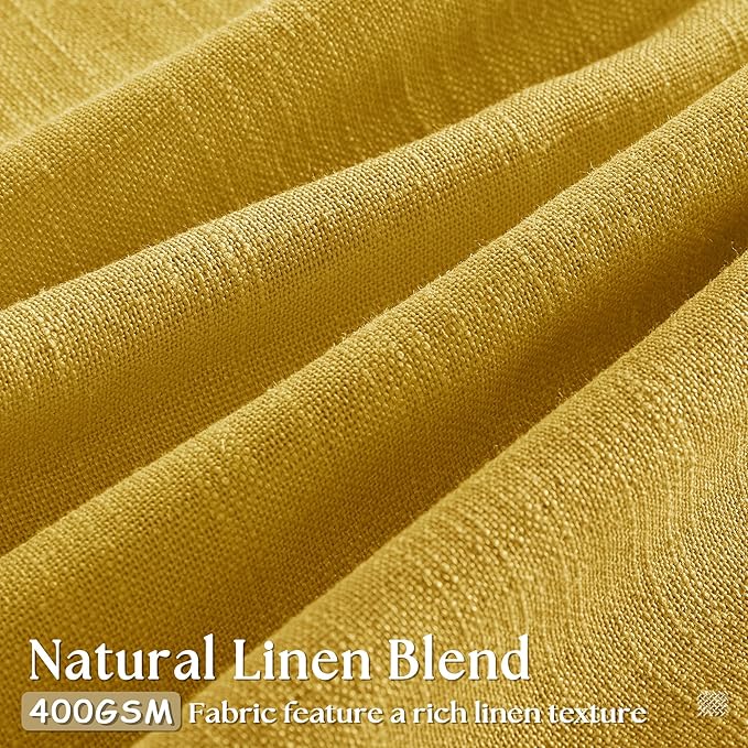 Mustard Yellow Pleated Semi Sheer Linen Curtains 96 Inches Long 2 Panel Set | 400GSM Fabric, Light Filtering, Pinch Pleat with Rings Hooks Drapes, Spring Farmhouse Rustic, for Bedroom Living Room