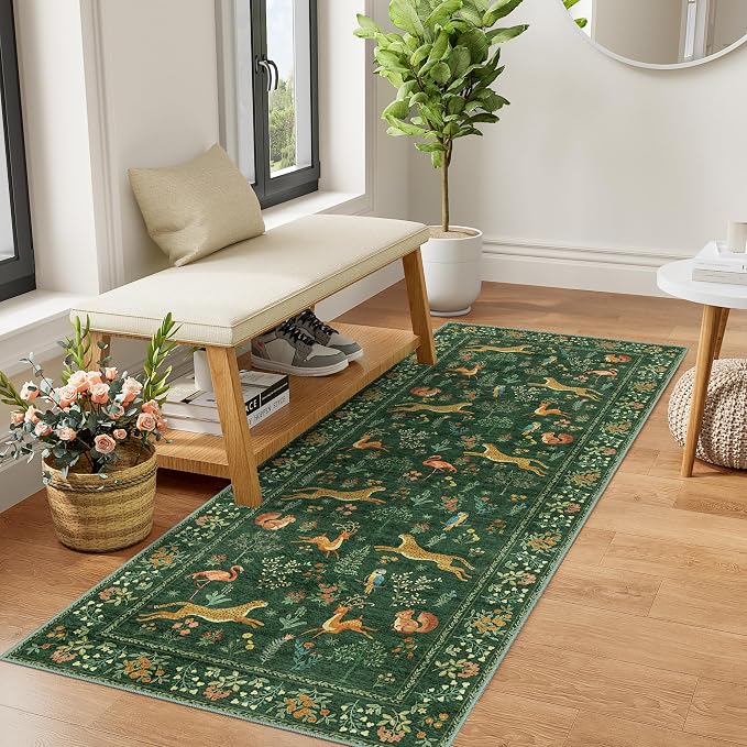 DUKINO 2x5 Rug for Hallway, Washable Animal Runner Rug Non Slip, Green | Low Pile, Stain Resistant, Soft Indoor Carpet Runner for Kitchen, Entryway, Bedroom, Bathroom, Pet Friendly, Lightweight