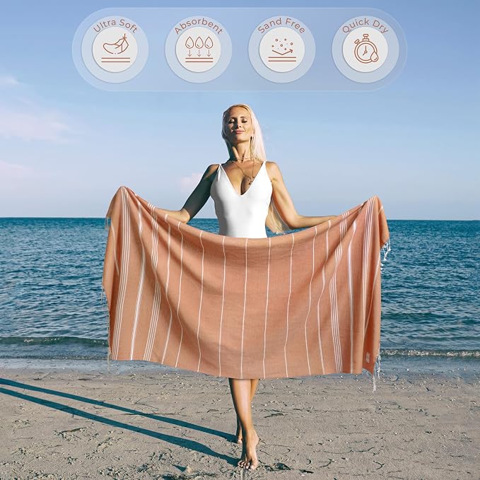 Ossano Turkish Beach Towel Quick Dry & Lightweight Extra Large (39" x 71") - Decorative, Versatile and Functional as Yoga Mat, Picnic Blanket, Travel Blanket, Gym, Camping and Bath Towels - Salmon