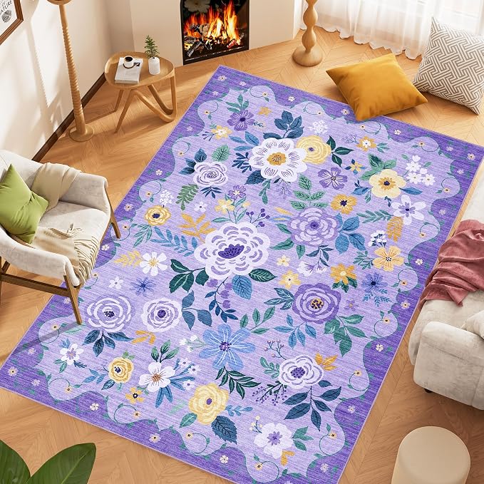 DUKINO 5x7 Area Rugs, Floral Washable Rug for Living Room Non Slip, Purple | Soft, Low Pile, Stain Resistant Indoor Rug for Bedroom, Dining Room, Office, Pet Friendly, Lightweight, Modern Home Decor