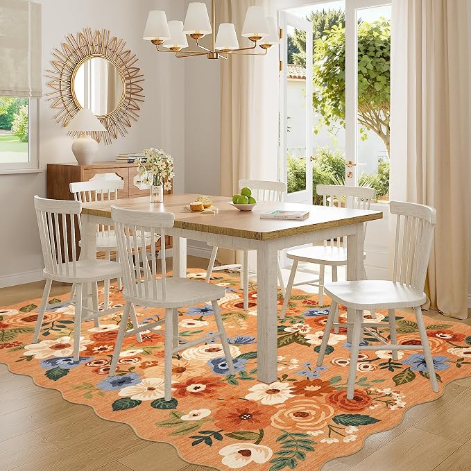 DUKINO 6x9 Area Rugs, Floral Washable Rug for Living Room Non Slip, Orange | Low Pile, Stain Resistant, Soft Indoor Large Rugs for Bedroom, Dining Room, Kids Playroom, Nursery, Pet Friendly, Home Decor