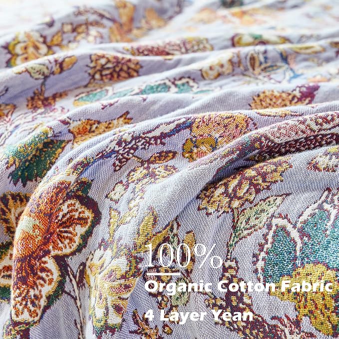 VANJOROY Boho Throw Blanket 80" x 90", 100% Organic Cotton Breathable Ultra Soft Bed Purple Quilt Throw - All Season Luxury Floral Farmhouse Decor Blanket for Sofa Couch Chair and Gift.
