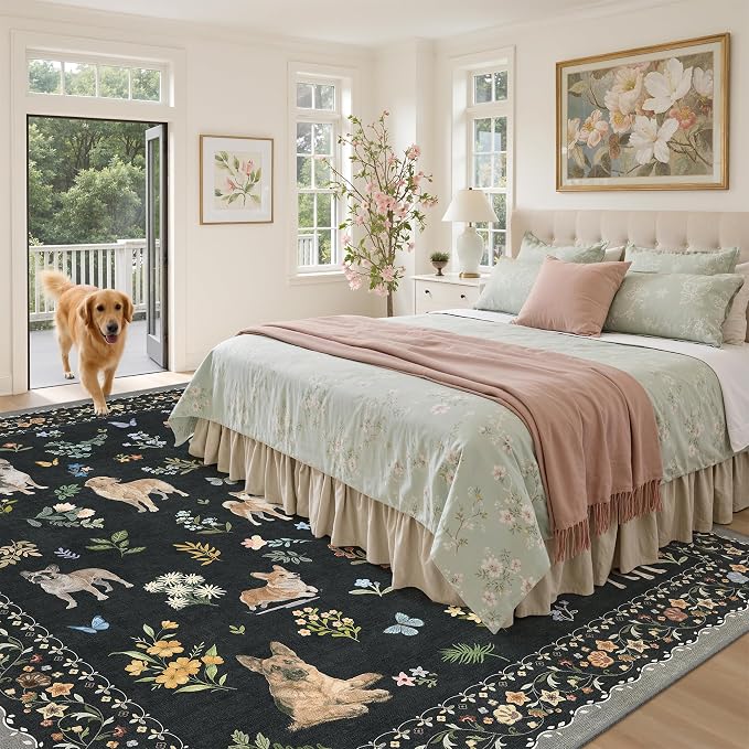 Soalmost Dog 9x12 Area Rugs for Living Room, Washable Animal Soft Rug Black | Floral Vintage Non-Slip Low Pile Cute Throw Large Rugs for Classroom Bedroom Dining Room Nursery Playroom 9' x 12'