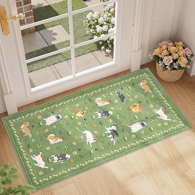 DUKINO 2x4 Rug Runner, Washable Dog Bathroom Rug Soft Non Slip, Green | Low Pile, Non-Shedding, Stain Resistant, Indoor Animal Carpet Runner for Kitchen Entryway Hallway Laundry Farmhouse Bedroom