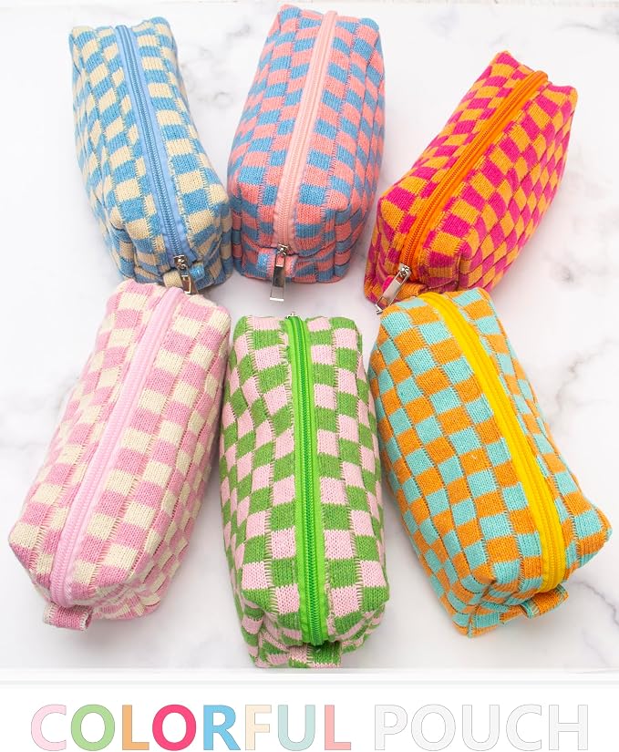PAZIMIIK 2PCS Checkered Makeup Bag for Purse Portable Zipper Make Up Pouch Small Cosmetic Case for Travel Accessories Blue Beige