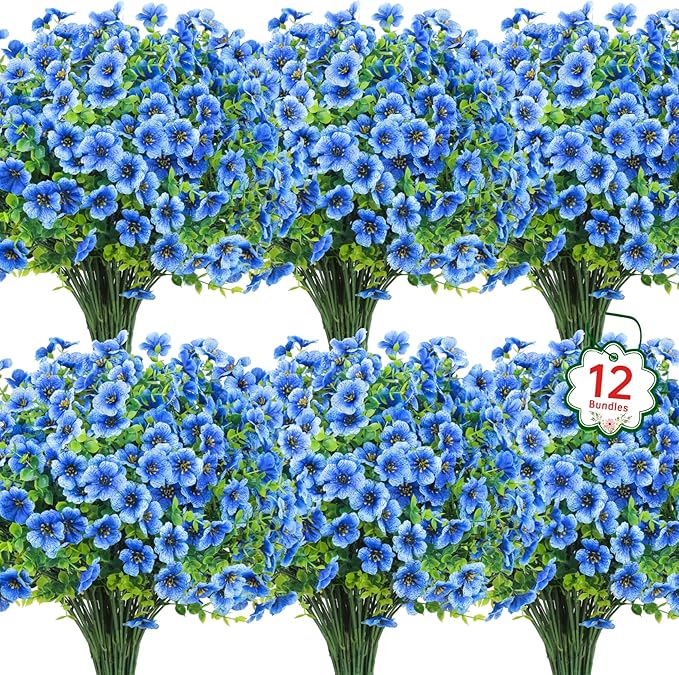 Ouddy Decor 12 Pcs Artificial Flowers for Outdoors Decorations, Blue | Lifelike silk flowers, UV resistant, faux plastic plants, for garden porch window table vase home indoor outdoor decor
