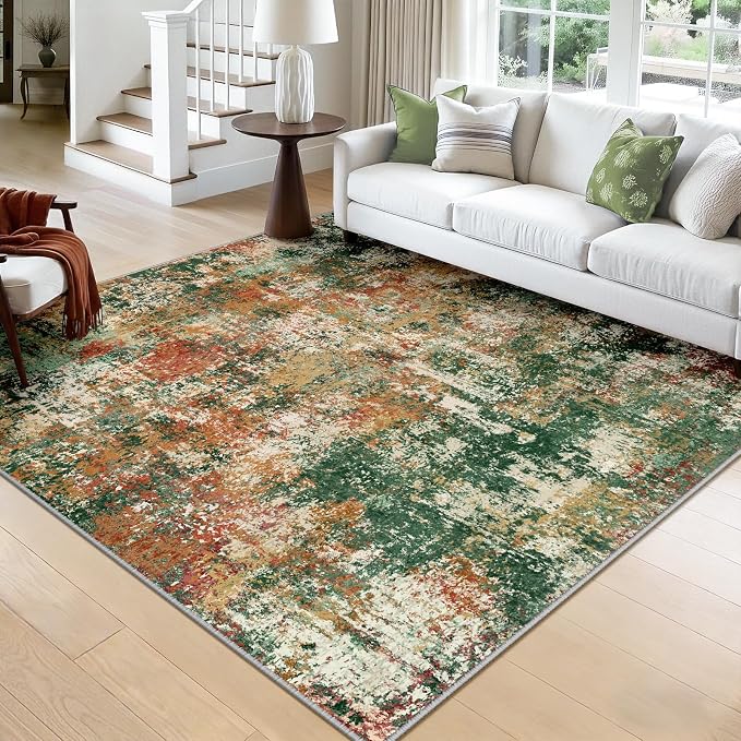 RELEANY Washable Square 8'x8' Area Rug for Living Room Green Multi | carpet for bedroom, kitchen, office, hallway and entryway, printed pattern, non-slip, soft, stain-resistant, easy to clean