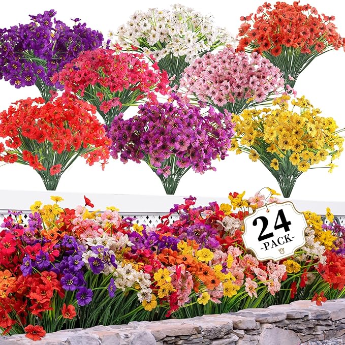 24 Bundles Artificial Flowers for Outdoors/Indoors, Fake Flowers Plants for Indoor Outside Garden Porch Window Box Home Wedding Farmhouse(8 Color) | Faux Flowers for Indoor Outside, artificial plants outdoor Garden Porch Window Box Home Wedding Farmhouse