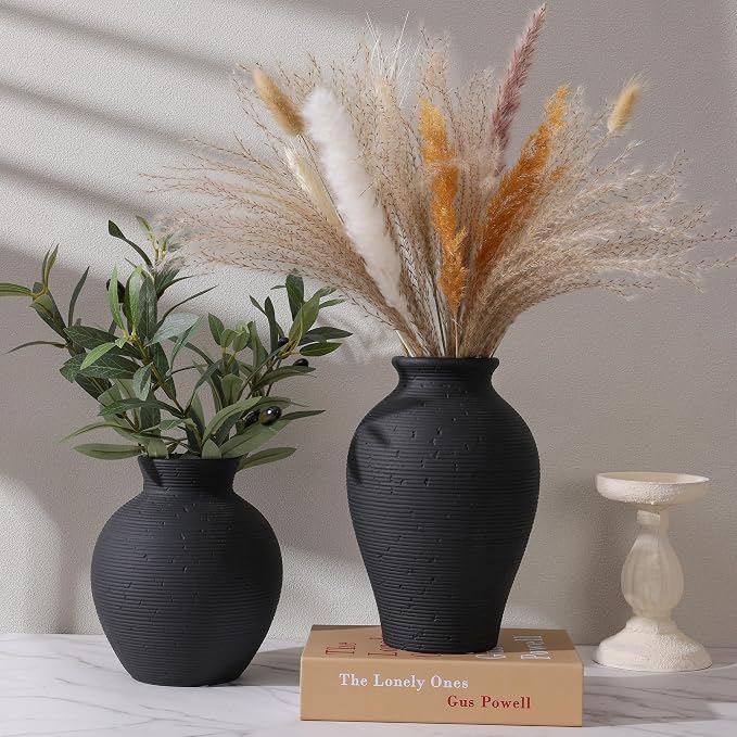 Ceramic Flower Vase Home Decor, 7.4 in Farmhouse Table Vases Retro Vintage Living Room Kitchen Bedroom Decoration Pottery Decorative Vases for Flowers House Shelf Office Desk Dining Entryway, Black