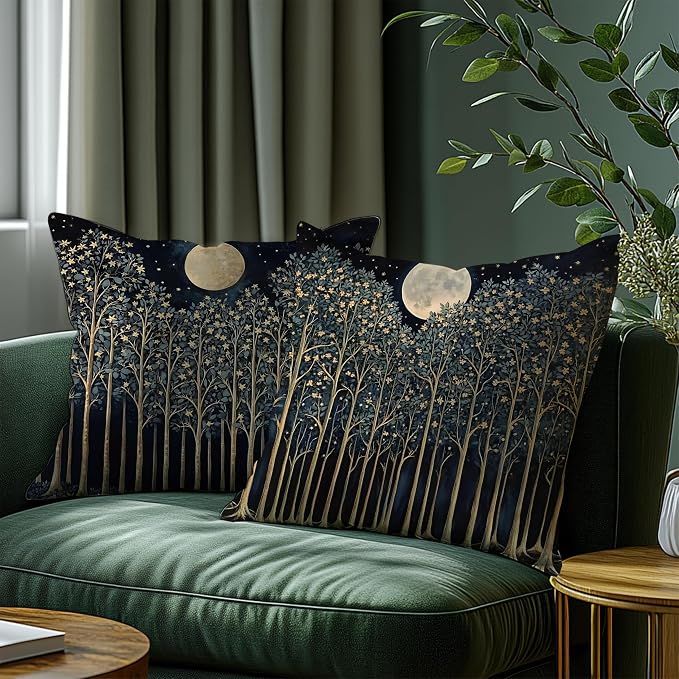 Rustic William Morris Night Moon Forest Green Decor Pillow Covers 18x18 Set of 2,Vintage Botanical Nature Landscape Decorative Throw Pillow Covers for Home Bedroom Living Room