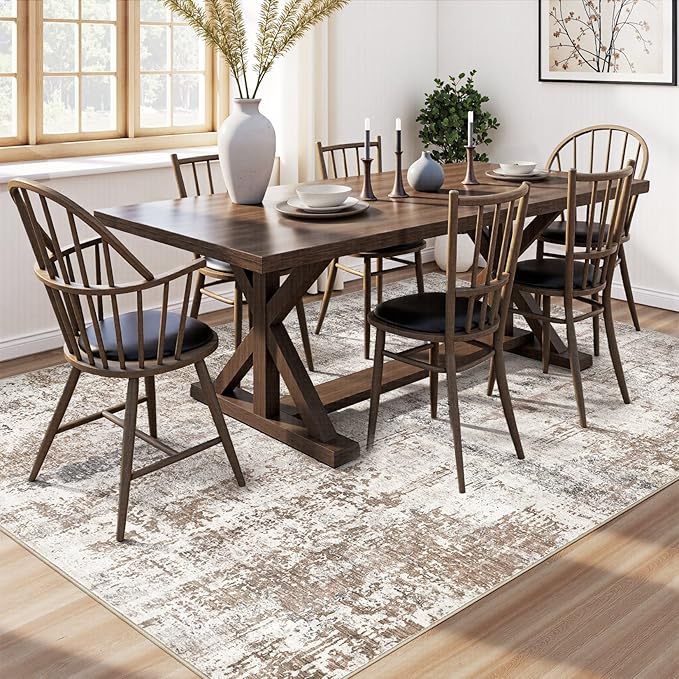 UERMEI 5x7 Washable Area Rug - Neutral Modern Abstract Living Room Rugs, Non-Slip Soft Large Indoor Floor Carpet for Bedroom Home Office & Under Dining Table Decor, Brown/Grey/Red