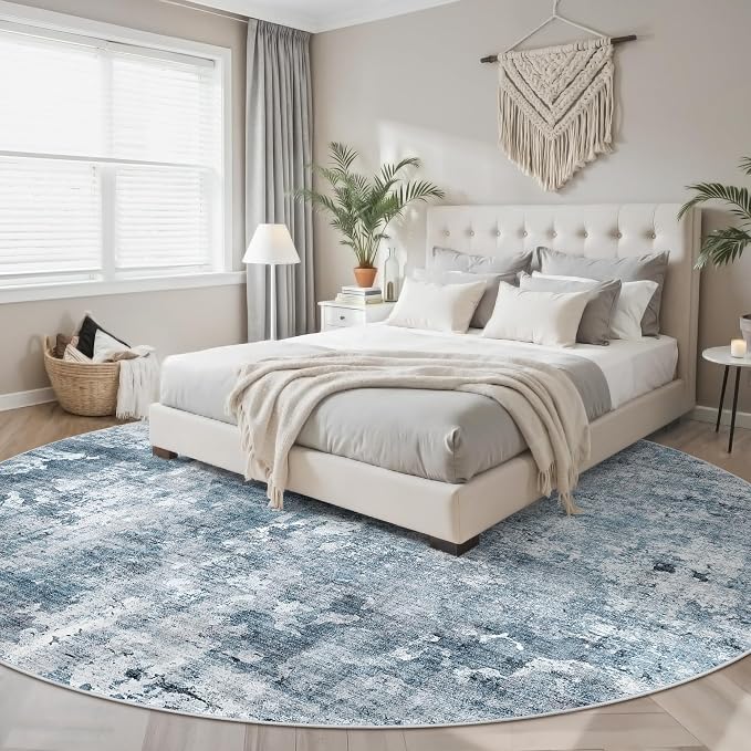 Soalmost Round Rugs 9ft Living Room Circle Area Rug 9x9 Blue/Grey Vintage | Washable Non Slip Abstract Carpet for Apartment, Dining Bedroom, Soft Low Pile Stain Resistant Foldable Floor Mat Entryway