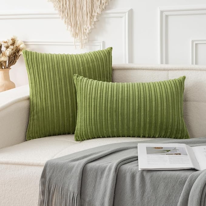 UGASA Pack of 2, Velvet Pillow Covers Striped, Soft Textured Throw Cushion Case Set, Accent Corduroy Lumbar Pillowcases with Hidden Zipper for Home Decor Indoor Outdoor (12"x20", Green)