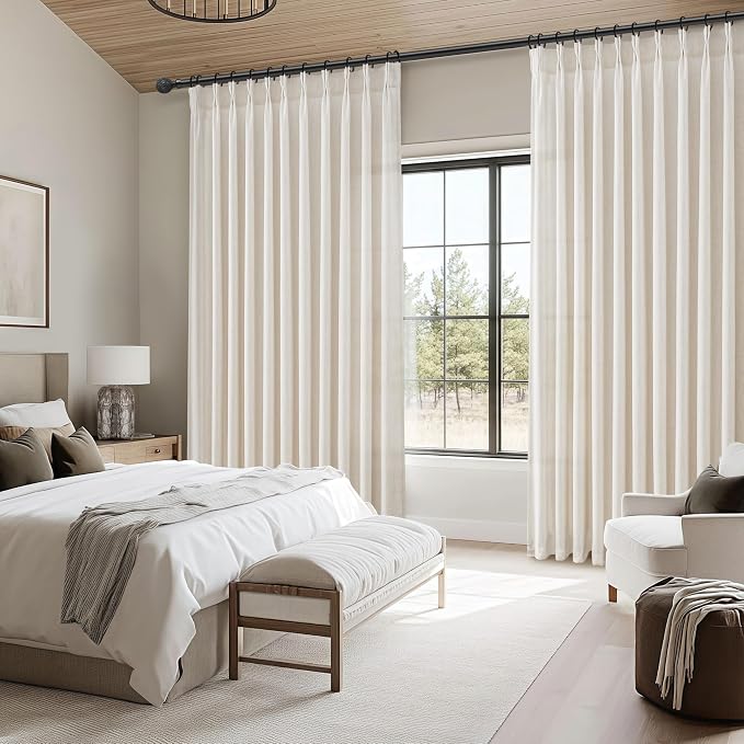 Extra Wide Pinch Pleat Thick Linen Sheer Curtains 96 Inches Long for Living Room, Cream Beige Viral Bedroom Curtain 2 Panels Set Light Filtering Farmhouse Window Drape Privacy Ceiling Track 70"W x96"L