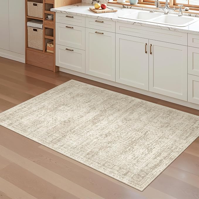 Soalmost 3x4 Rugs Non-Slip, Small Washable Kitchen Entryway Area Rug Beige | Vintage Low Pile Carpet for Nursery Coffee Table Bathroom, Foldable Stain Resistant Indoor Door Mat Entrance Powder Room