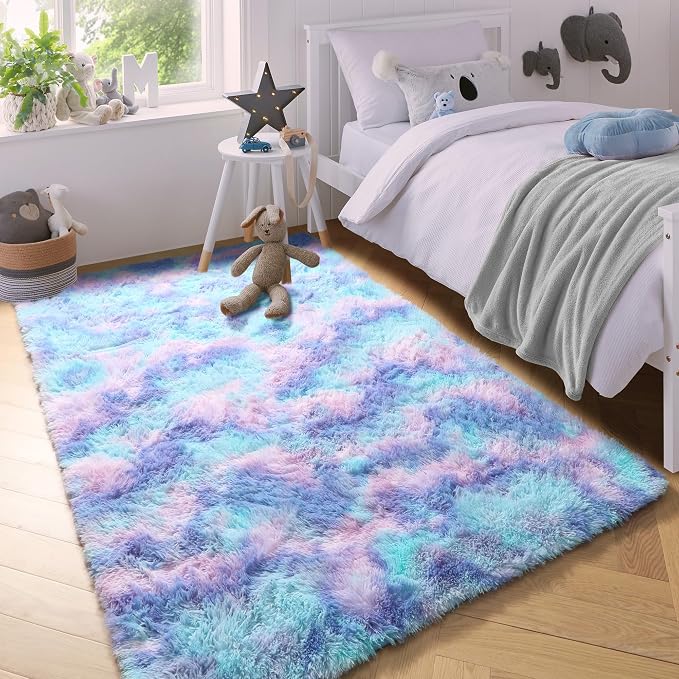 PAGISOFE Adorable Rainbow Mermaid Rugs for Girls Bedroom Plush Fluffy Purple Rug 3x5 Ft,Kawaii Carpet for Living Room,Non-Slip Indoor Princess Rugs for Nursery Kids Girls Room Home Cute Colorful Decor