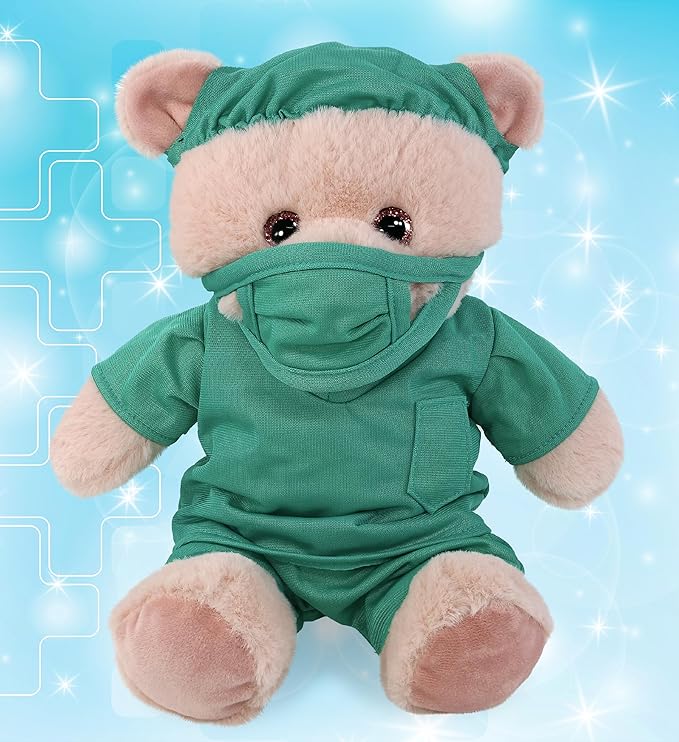 DolliBu Baby Pink Bear Doctor Plush Toy - Super Soft Bear Doctor Stuffed Animal Dress Up with Cute Scrub Uniform and Cap Outfit - Fluffy Doctor Toy Plush Gift with Personalization - 8 Inches