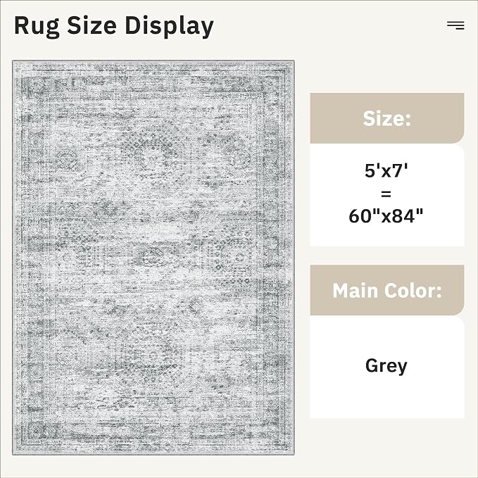 Soalmost 5x7 Area Rugs Grey Low Pile Washable Trendy Faded Style Rug | Vintage Non-Slip Indoor Accent for Bedroom Dining, Foldable Stain Resistant Floor Carpet Mat Under Table Home Office Decor