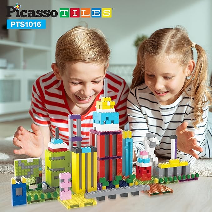 PicassoTiles 1016pcs Magnetic Tile & Building Brick Combo Construction STEM Toy Magnet Tiles for Creative Play Educational Toys for 3+ Large Bricks for Toddlers Compatible with Major Brands PTS1016