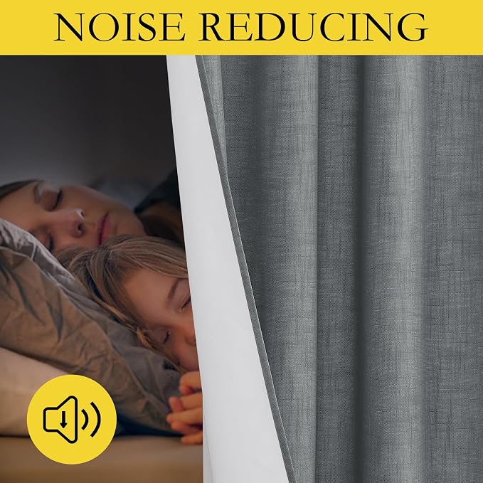 NICETOWN 100% Absolutely Blackout Linen Curtains with Thermal Insulated White Liner, Dove Grey, W52, 2 Pieces, Noise Reducing Textured Linen Look Curtains for Windows 95 inch Length for Classroom