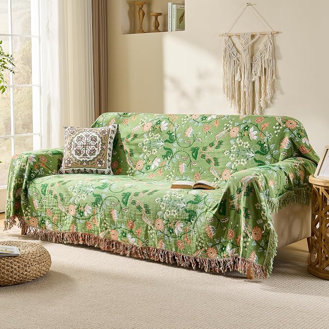 VANJOROY Boho Throw Blanket, 100% Organic Cotton Breathable Skin-Friendly Ultra Soft 80" x 90" Bed Quilt Green Throw - Floral Rustic Decor Luxury Reversible Blanket for Sofa Couch Chair and Gift,
