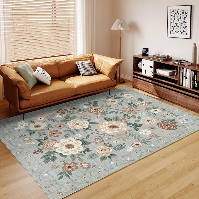 DUKINO 6x9 Area Rugs, Floral Washable Rug for Bedroom Non Slip, Sage Green | Soft, Low Pile, Large Indoor Rug for Living Room, Dining Room, Kids Room, Office, Pet Friendly, Home Decor, Stain Resistant