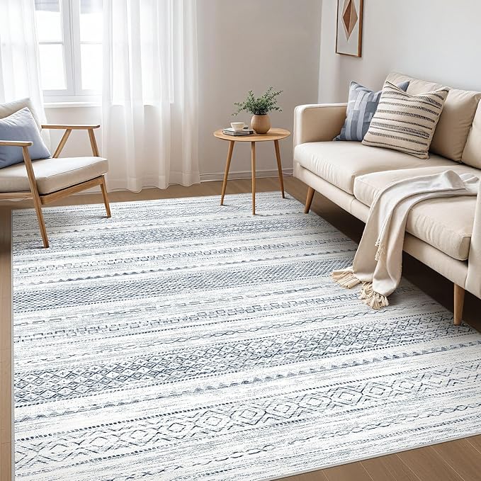 Nakagishi Boho 5x7 Area Rug Living Room Rugs Machine Washable White Blue | Soft, Pet & Kid Friendly, Carpet for Living Room/Bedroom/Office/Kitchen/Nursery, Daily Home Decor Stain Resistant Moroccan
