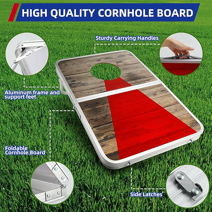 Portable Cornhole Board Set with Aluminum Alloy Edging,2x1.3ft Foldable Corn Hole Games for Adults and Family with 8 Bean Bags for Outdoor Backyard Travel Tailgate Camping