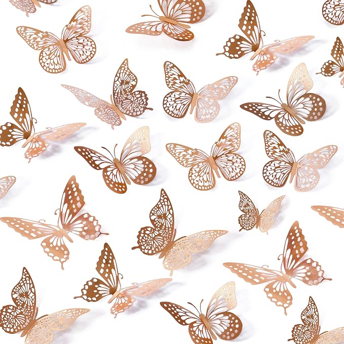SAOROPEB 3D Butterfly Wall Decor, 48 Pcs 4 Styles 3 Sizes, Removable Metallic Wall Sticker Room Mural Decals for Kids Bedroom Nursery Classroom Party Decoration Wedding Decor DIY Gift (Rose Gold) | 4 Styles 3 Sizes, Removable Metallic Wall Sticker Room...