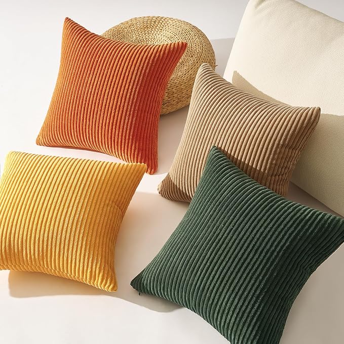 Topfinel Striped Pillow Covers 20x20 Boho Farmhouse Green Rust Set of 4 Mordern Nordic Soft Corduroy Cushion Covers Fall Home Decor for Couch Bed Sofa Living Room Forest Green
