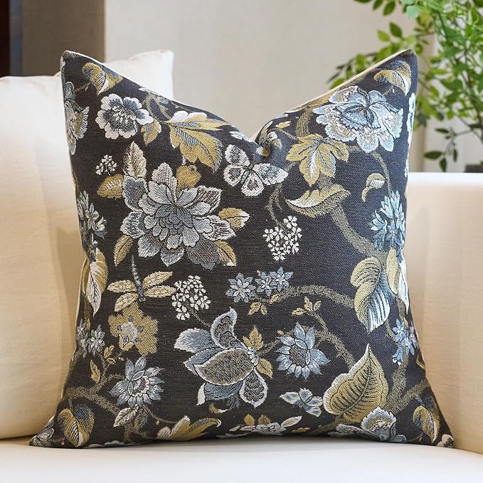 Neutral Floral Pillow Cover 18x18, Vintage Linen Square Pillow Cover Soft Decorative Farmhouse Accent Pillow Cases for Couch Bedroom Living Room Home Decor, Black