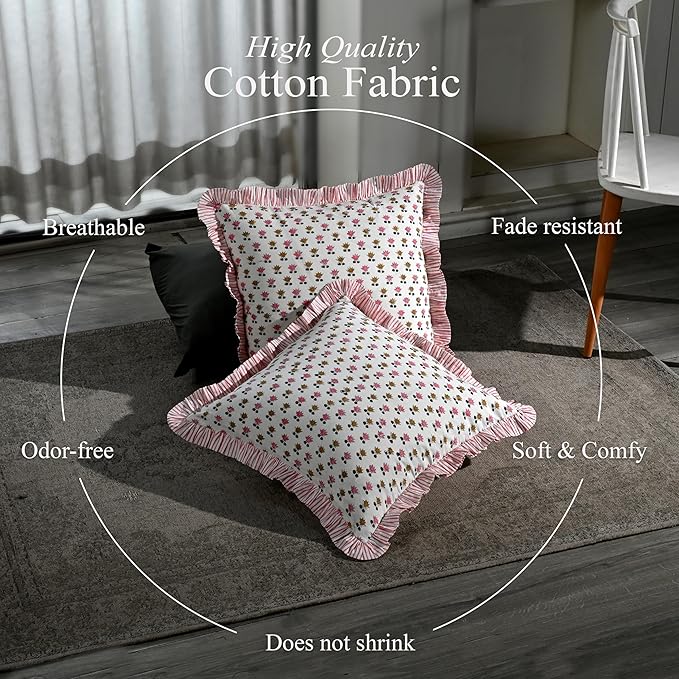 CPC Rosette Bloom Hand Block Print 100% Cotton Ruffle Throw Pillow Cover 18x18 inch with Hidden Zipper Decorative for Couch, Bed, Sofa, Farmhouse, Cottagecore Decor Gift Christmas Fall Thanksgiving