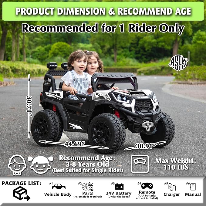 sopbost 24V 7Ah Ride On Toys for Big Kids Ride On Car with Remote Control Battery Powered 4x4 Electric Vehicle Kids UTV, EVA Tires Wheels, Music Play, White
