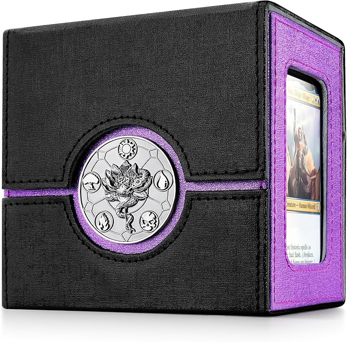 Kabinka Commander Deck Box for MTG with Dice Tray, Card Deck Box with Metal Emblem, Hold 100 Double-Sleeved Cards for TCG/PTCG, Cards Storage Case with 35PT Magnetic Card Holder (Black& Purple, Lotus)