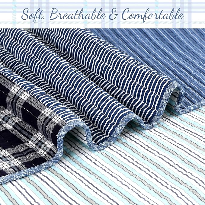 Cozy Line Home Fashions Plaid Patchwork Bedding Quilt Set, Navy Blue 100% Cotton Reversible Coverlet Bedspread for Kids Teen Boy (Craver, Queen - 3 Piece)