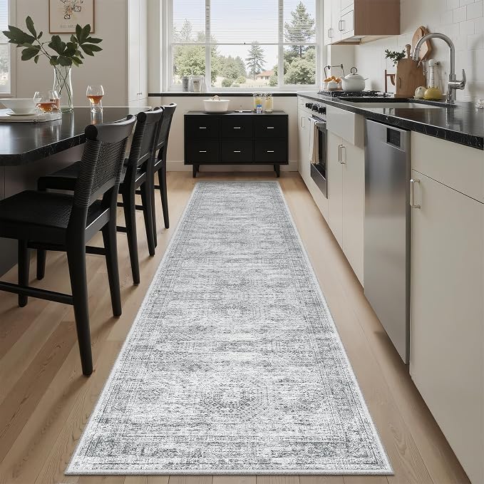 Soalmost Runner Rug 2x8 Washable Non-Slip Hallway Kitchen Runners Grey | Stain Resistant Vintage Rugs for Bathroom Laundry Room, Low Pile Foldable Floor Carpet Mat for Entryway Corridor Bedroom