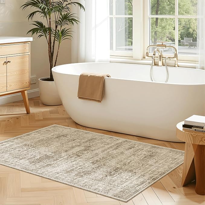 Soalmost 2x3 Washable Rugs for Kitchen, Entryway, Small Area Rug Brown | Non-Slip Vintage Low Pile Throw Door Mat For Bathroom Entry Laundry Powder Room, Stain Resistant Indoor Entrance Floor Carpet