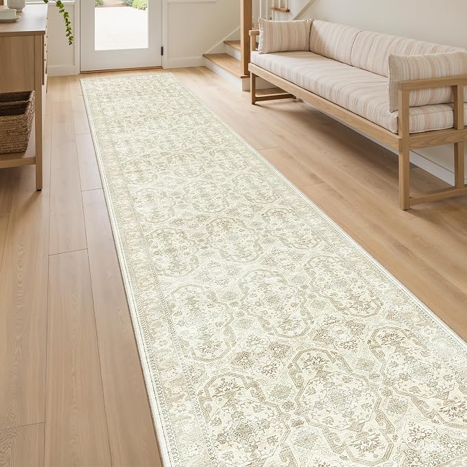Soalmost Runner Rug 2x12 Washable Hallway Kitchen Runners Beige/Brown | Non-Slip Vintage Rugs for Bathroom Laundry Room, Soft Low Pile Foldable Floor Carpet Mat for Entryway Corridor Bedroom