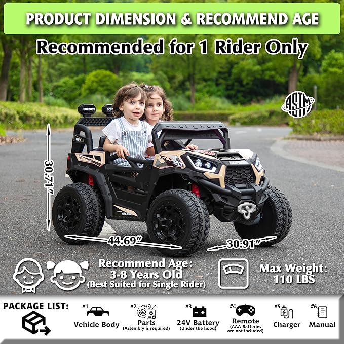 sopbost 24V Ride On Car with Remote Control, 4x4 Rdie On Toy for Kids, Battery Powered Electric Vehicles, 2WD/4WD Switchable, EVA Tires Wheels, Single-Seater, Music Play (Quicksand)