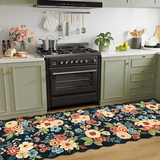 DUKINO 2.6x10 Runner Rug for Hallway, Washable Rug Non Slip, Navy Blue | Non Slip, Low Pile, Soft, Floral Indoor Throw Rug Runner for Entryway, Bedroom, Bathroom, Laundry, Pet Friendly, Home Decor