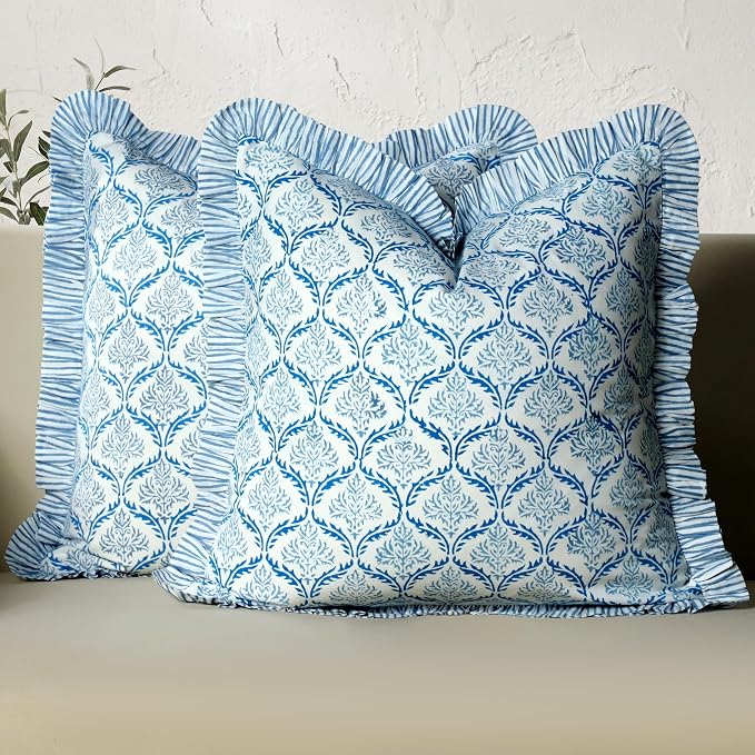 CPC Indigo Regal Hand Block Print 100% Cotton Ruffle Throw Pillow Cover 20x20 inch with Hidden Zipper Decorative for Couch, Bed, Sofa, Farmhouse, Cottagecore Decor Gift Christmas Fall Thanksgiving
