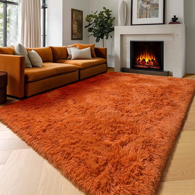 Amdrebio Burnt Orange Area Rugs 9x12 for Living Room Bedroom, Large Fluffy Fuzzy Shaggy Furry Rug for Kids Room Decor Aesthetic, Big Cute Plush Shag Dark Orange Carpet for Classroom Playroom Nursery