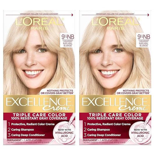 L'Oreal Paris Excellence Crème Permanent Hair Dye, Triple Care Hair Color with Hyaluronic Acid for 100% Gray Coverage, 9.5NB Lightest Natural Blonde, 1 Kit (Pack of 2) (Packaging May Vary)