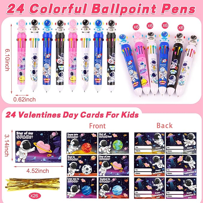24 Pack Valentines Day Gifts for Kids Classroom Multicolor Ballpoint Pen with Valentines Day Cards for Kids School, Valentines for Kids Classroom Class Exchange Gifts Prize Party Favors for Boys Girls
