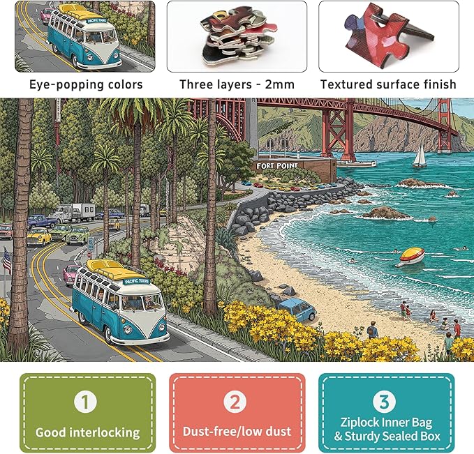 1000 Piece Jigsaw Puzzle for Adults, Cityscape Jigsaw Puzzle, Vibrant California Coastline with Golden Gate Bridge, Palm Trees & Tour Bus, Challenging Art Puzzle, 22.5 x 22.5 in