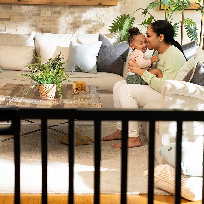 Summer Infant Deluxe Stairway Simple to Secure Safety Pet and Baby Gate,30'-48' Wide, 32' Tall, Install on Wall or Banister in Doorway or Stairway,Hardware Mount, Auto Close Walk-Thru Door-Black Wood