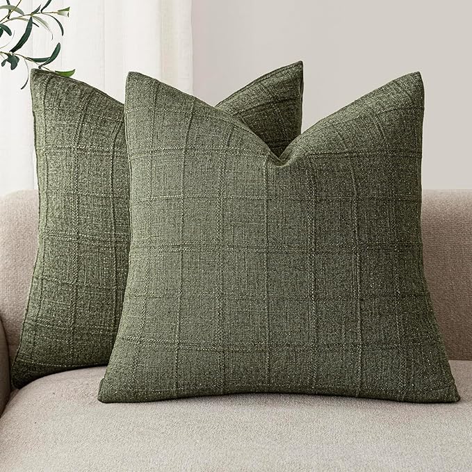 Foindtower Set of 2 Decorative Linen Check Throw Pillow Covers Neutral Farmhouse Vintage Cushion Covers Modern Boho Home Decor for Sofa Chair Couch Bedroom Living Room,16×16 Inch,Olive Green