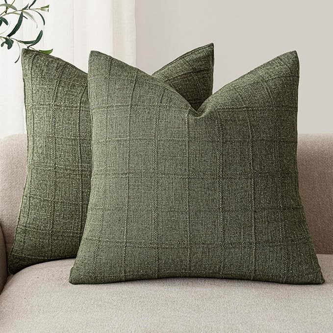 Foindtower Set of 2 Decorative Linen Check Throw Pillow Covers Neutral Farmhouse Vintage Cushion Covers Modern Boho Home Decor for Sofa Chair Couch Bedroom Living Room,22×22 Inch,Olive Green