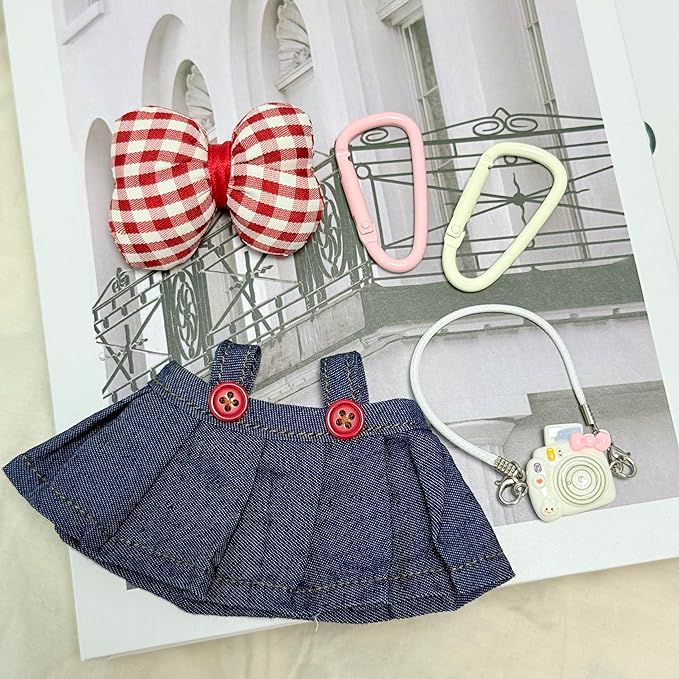 17cm Doll Clothes, Clothes for Cute Dolls Outfit, Stylish Kawaii Clothes & Accessories for 15-17cm Dolls, Denim Skirt+Red Plaid Bow Pin+Mini Camera+Keychains (Indigo)