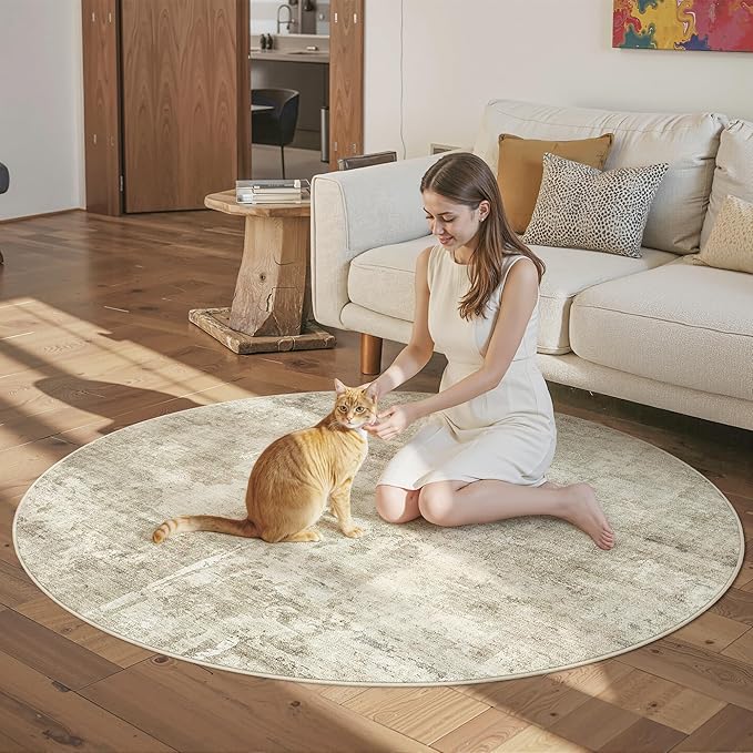 Soalmost Abstract 6x6 Round Rug 6ft Circle Living Room Rugs, Beige/Gray | Washable Vintage Indoor Carpet for Dining Bedroom, Low Pile Stain Resistant Foldable Floor Mat Entryway Home Office Decor